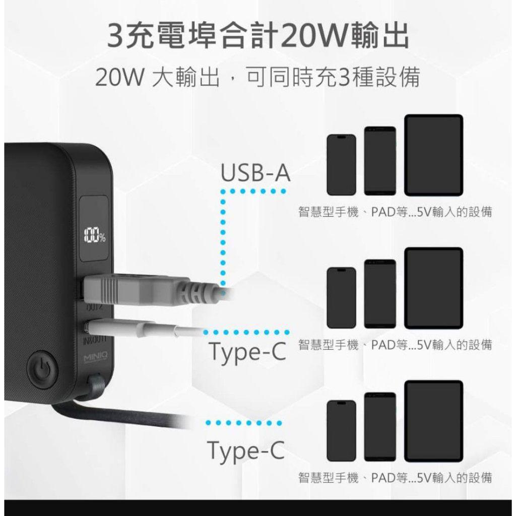 【MINIQ】台灣製 行動電源 充電器 行充 自帶線TypeC 台灣製造 附贈萬國轉接頭