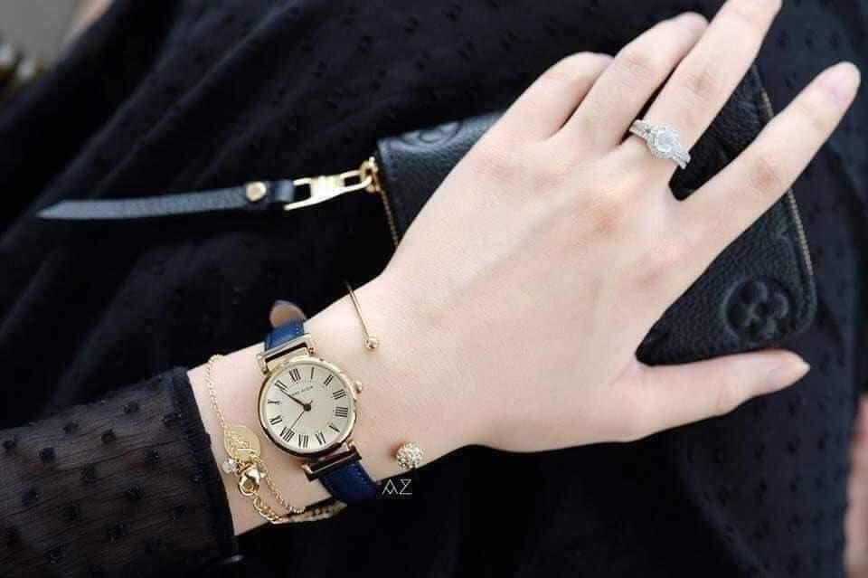 Anne Klein 金框藍帶女錶｜真皮 26mm 寶藍白面氣質款