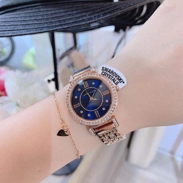 Anne Klein 星空水鑽玫瑰金腕錶｜施華洛世奇 30mm 午夜藍面女神款