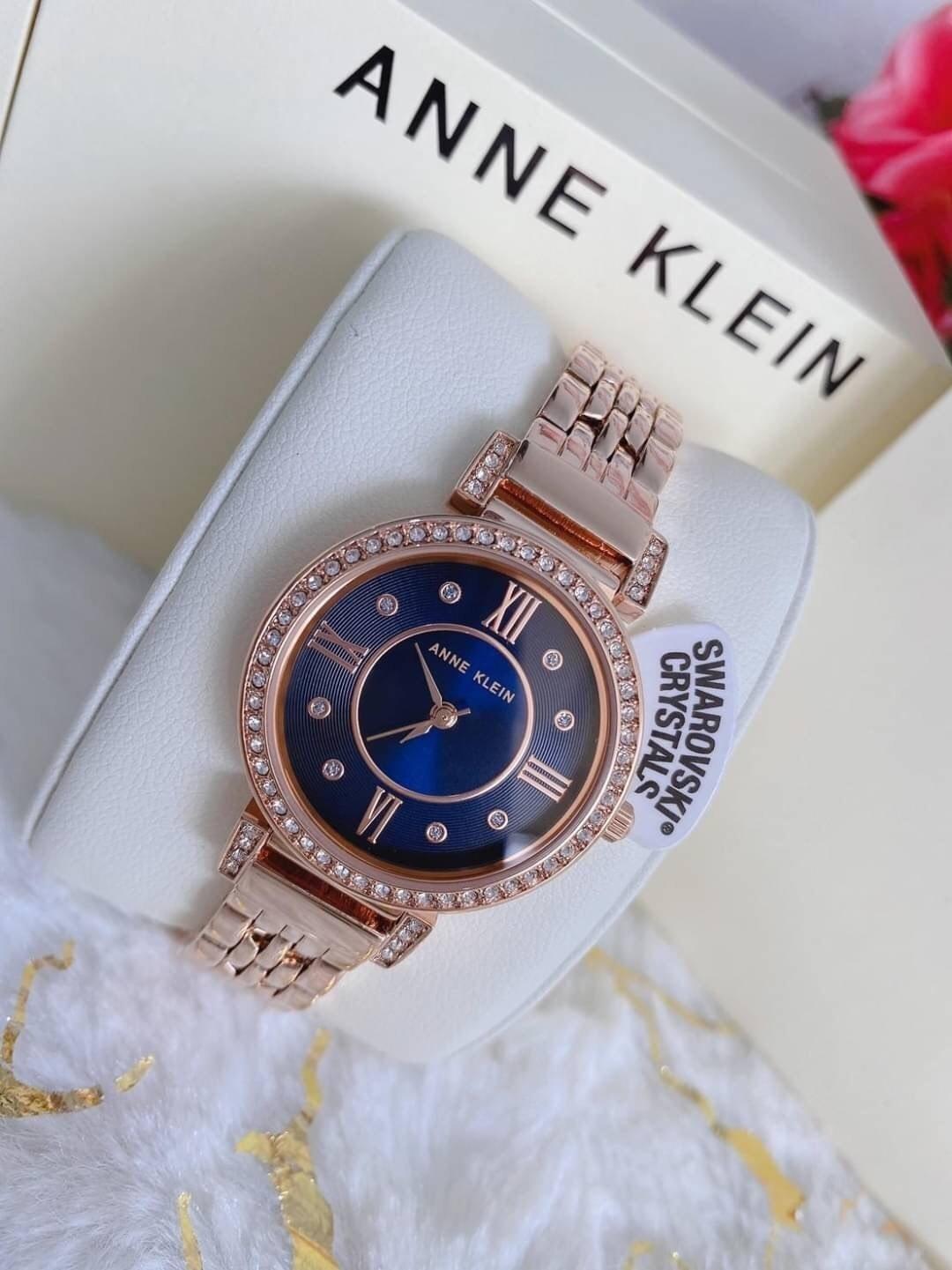 Anne Klein 星空水鑽玫瑰金腕錶｜施華洛世奇 30mm 午夜藍面女神款