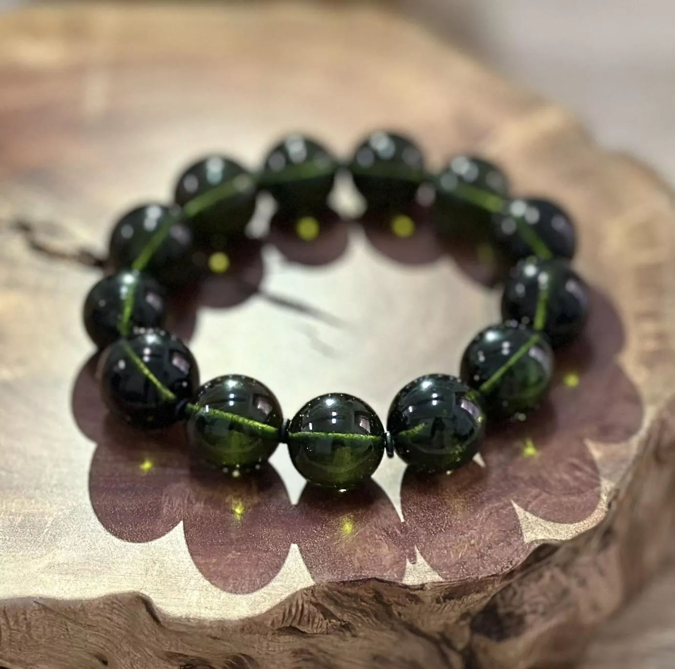 [CLL002] [捷克隕石 產地直銷] 捷克隕石13-15mm圓珠手串51.56g 招財 避邪 好運到 100%保證真品