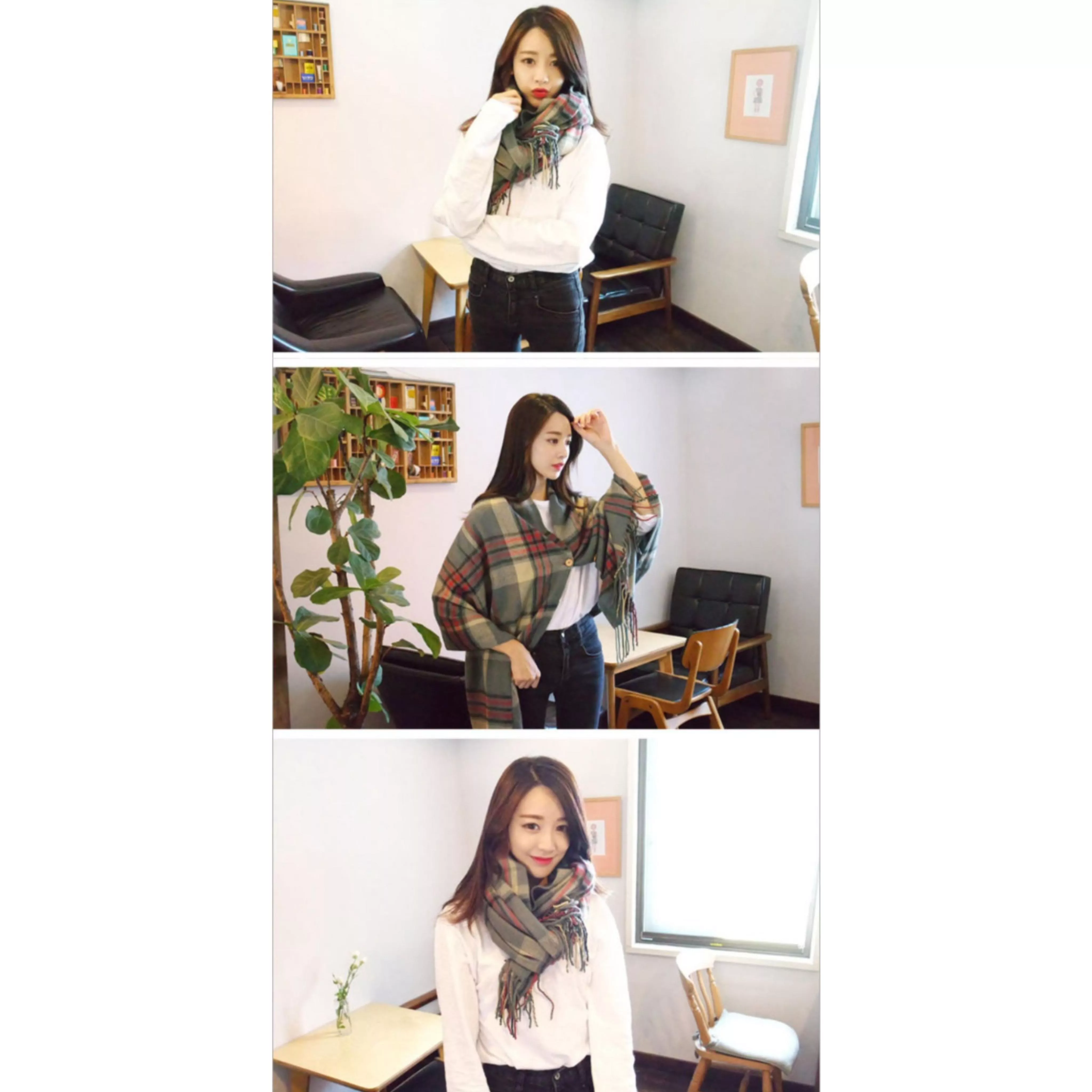 流蘇格子圍巾斗篷