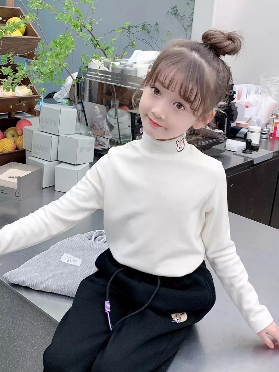 女童德絨半高領小兔子加厚打底衫