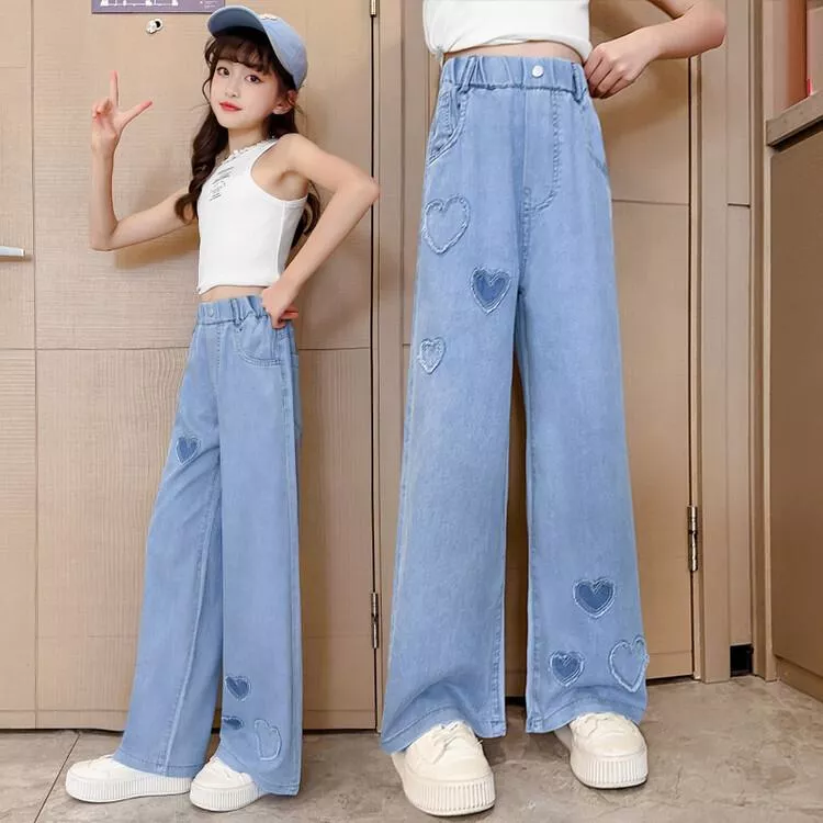 女童愛心牛仔闊腿褲