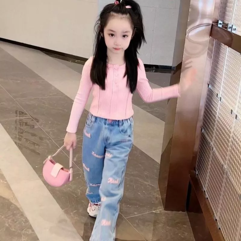 女童春季圓領上衣牛仔褲套裝