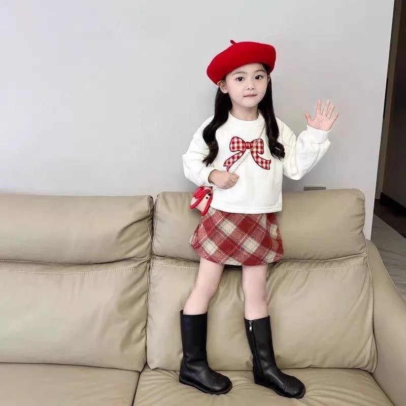 韓版女童蝴蝶結衛衣格子裙套裝
