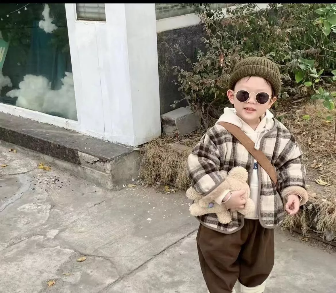 兒童毛呢格子加絨外套