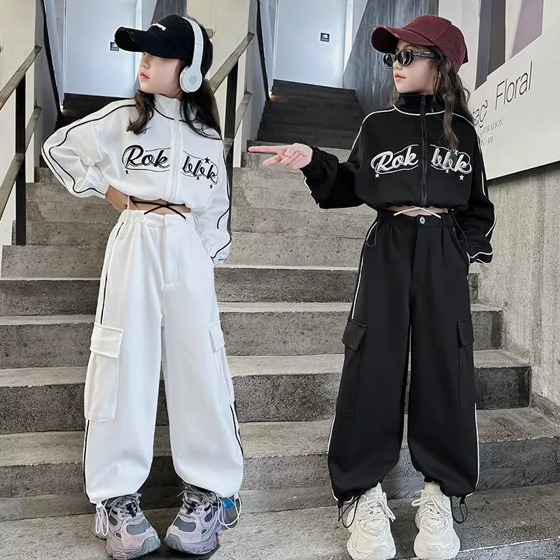 女童寬鬆短款外套褲子兩件套春秋裝