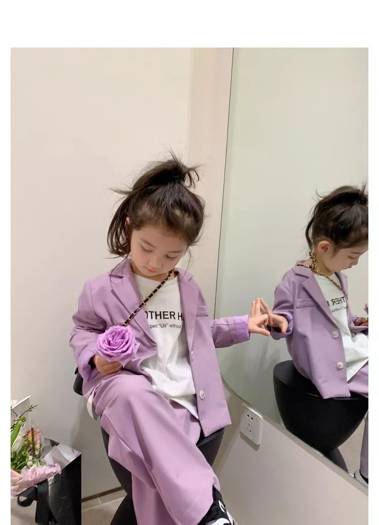女童紫色西裝外套直筒褲兩件套