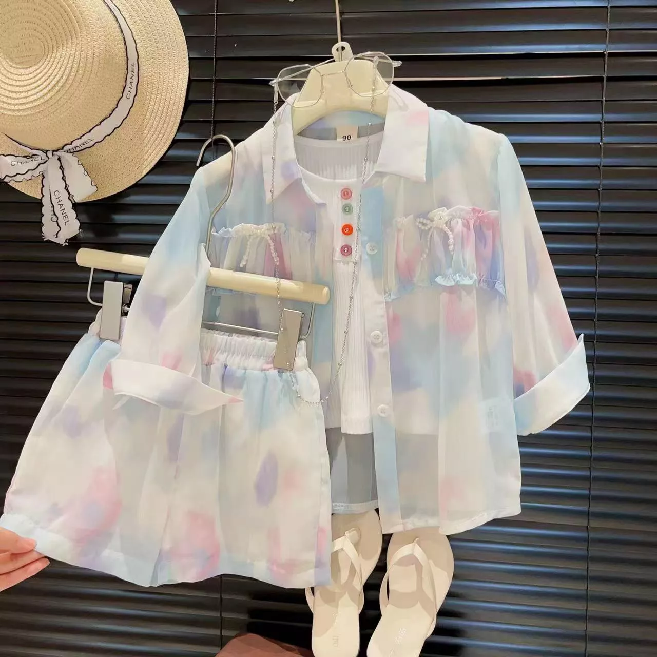 女童漸變拼色洋氣外套短褲打底衫防曬三件套夏裝