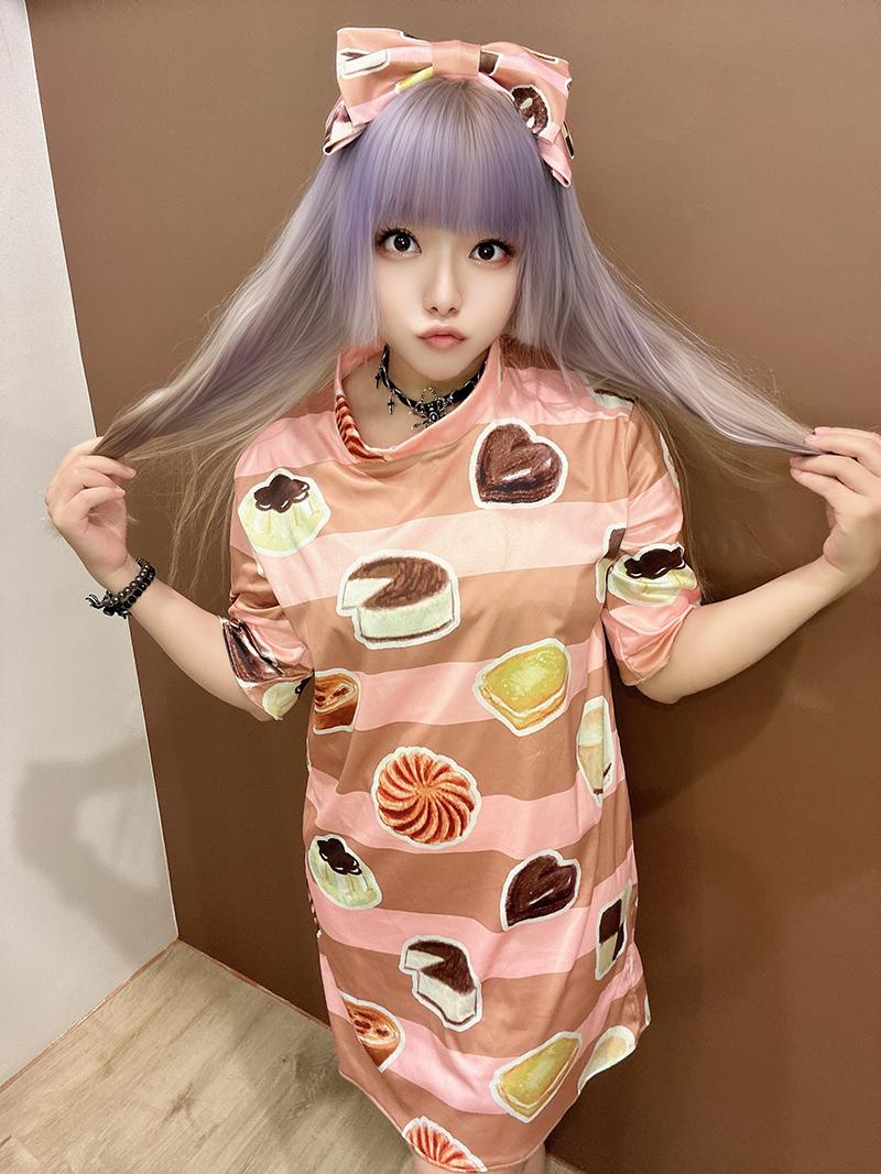 甜點印花長T 手工服裝 可愛長T恤 粉咖 T06 C2 #茉紡工作坊