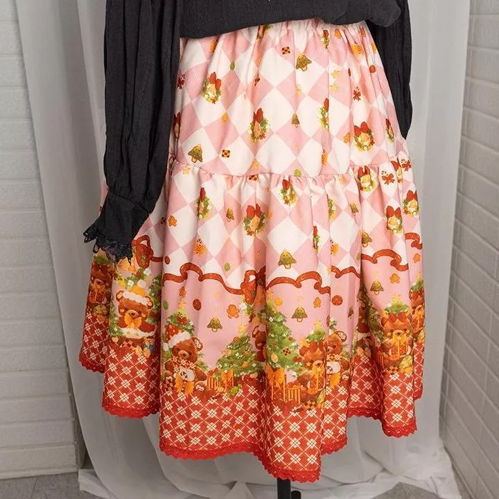 『聖誕泰迪-粉』布料微厚有彈性適合秋冬 秋冬裙 聖誕節 平安夜 半身裙 lolita 蘿莉塔 印花裙 SK  #茉紡工作坊