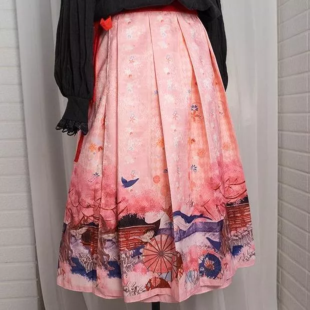 『百摺鯨魚櫻-粉』 一片式半身裙 百褶裙 SK lolita 蘿莉塔 印花裙 #茉紡工作坊
