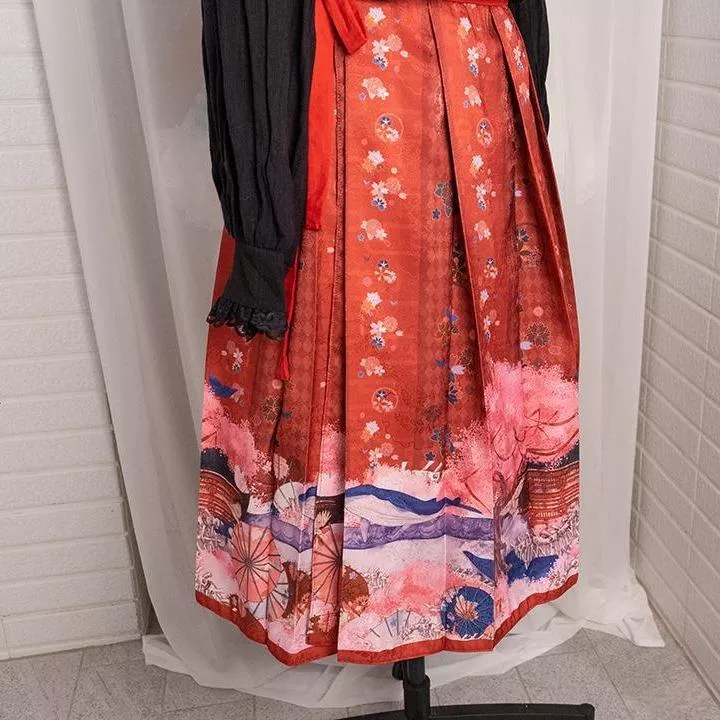 『百摺鯨魚櫻-紅』 一片式半身裙 百褶裙 SK lolita 蘿莉塔 印花裙 #茉紡工作坊