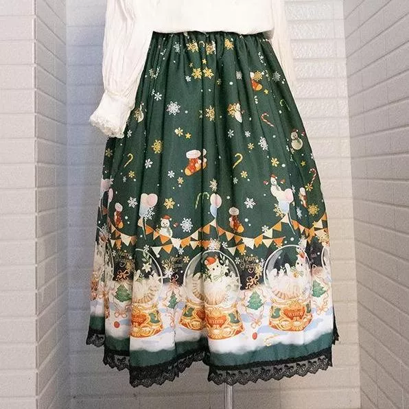 『聖誕水晶貓-綠』聖誕節 平安夜 半身裙 lolita 蘿莉塔 印花裙 SK  #茉紡工作坊