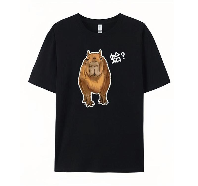 蛤！ 手繪水豚 卡皮巴拉 黑 有趣棉T shirt 純棉 #茉紡工作坊
