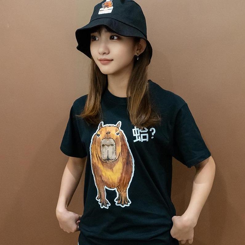 蛤！ 手繪水豚 卡皮巴拉 黑 有趣棉T shirt 純棉 #茉紡工作坊