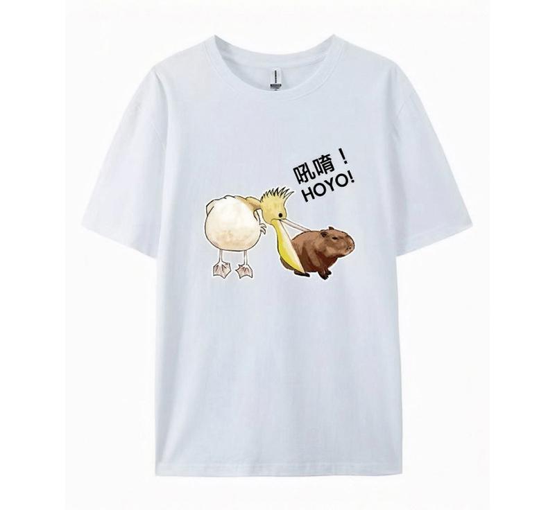 吼唷！HOYO! 手繪水豚 卡皮巴拉 白 有趣棉T shirt 純棉 #茉紡工作坊