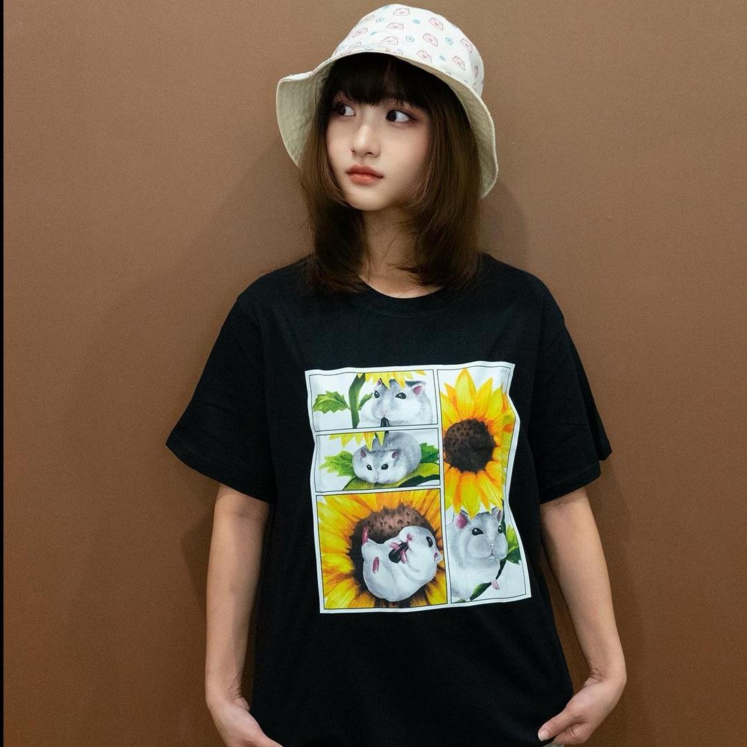 倉鼠向日葵 手繪倉鼠 卡皮巴拉 黑 有趣棉T shirt 純棉 #茉紡工作坊