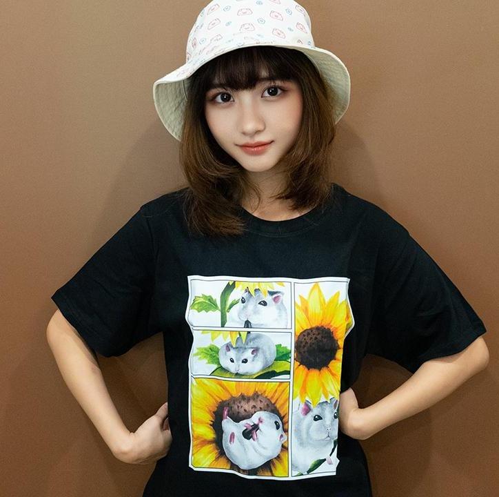 倉鼠向日葵 手繪倉鼠 卡皮巴拉 黑 有趣棉T shirt 純棉 #茉紡工作坊