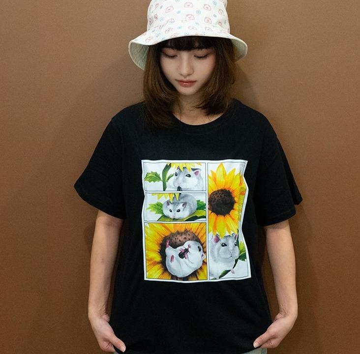 倉鼠向日葵 手繪倉鼠 卡皮巴拉 黑 有趣棉T shirt 純棉 #茉紡工作坊