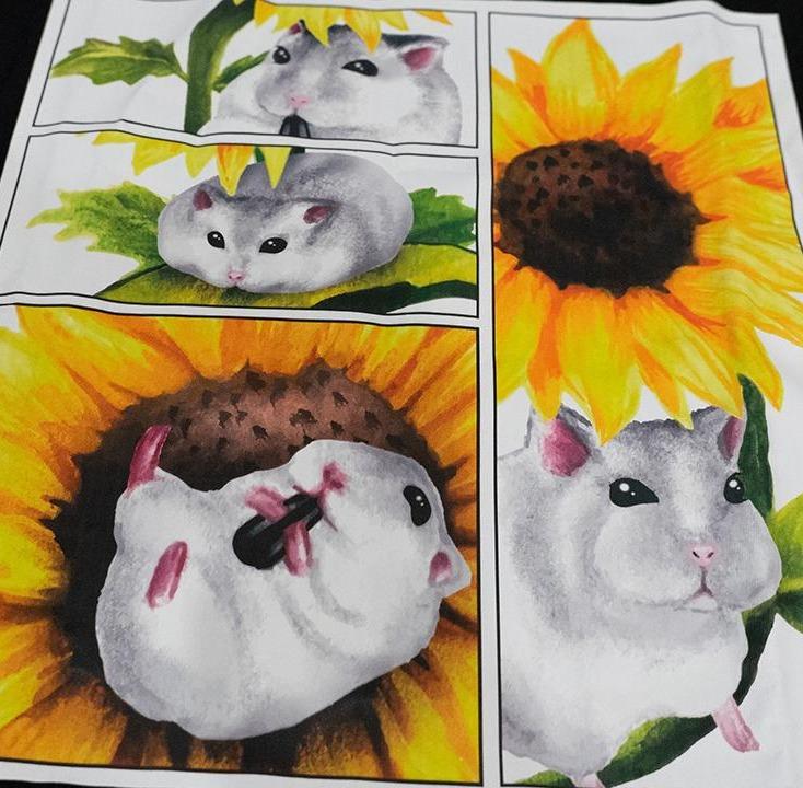 倉鼠向日葵 手繪倉鼠 卡皮巴拉 黑 有趣棉T shirt 純棉 #茉紡工作坊