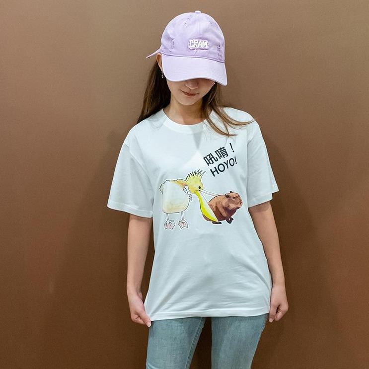 吼唷！HOYO! 手繪水豚 卡皮巴拉 白 有趣棉T shirt 純棉 #茉紡工作坊