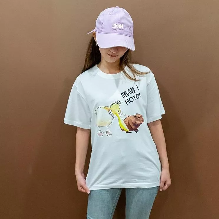 吼唷！HOYO! 手繪水豚 卡皮巴拉 白 有趣棉T shirt 純棉 #茉紡工作坊