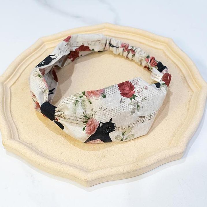 「玫瑰音符貓」米 手工髮帶  #茉紡工作坊