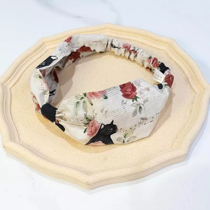 黑貓玫瑰樂譜髮帶（日本布料） 手工髮帶 #茉紡工作坊