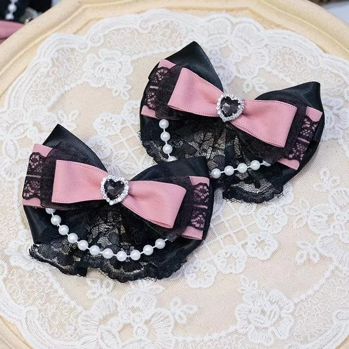 地雷系 鴨嘴夾一對｜傲戀之心｜甜酷黑粉蝴蝶結珍珠髮飾 #茉紡工作坊