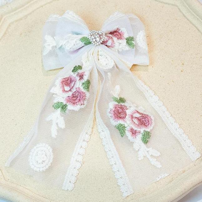 Rosée Blanche・晨露綻放刺繡蝴蝶結 彈簧夾 手作髮夾 手作商品 手作髮飾 #茉紡工作坊