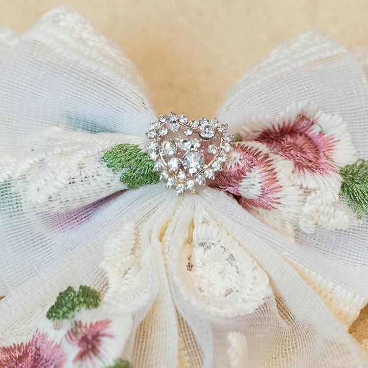 Rosée Blanche・晨露綻放刺繡蝴蝶結 彈簧夾 手作髮夾 手作商品 手作髮飾 #茉紡工作坊