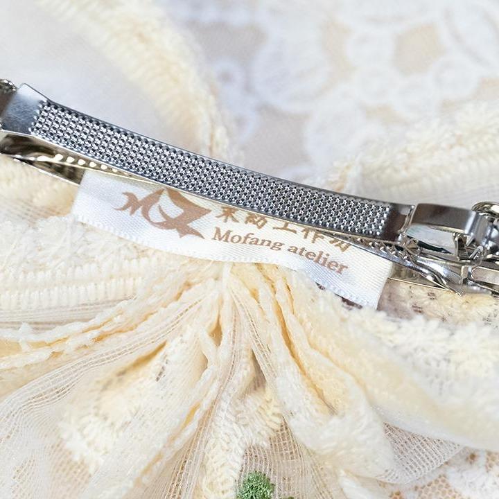 Rosée Blanche・晨露綻放刺繡蝴蝶結 彈簧夾 手作髮夾 手作商品 手作髮飾 #茉紡工作坊