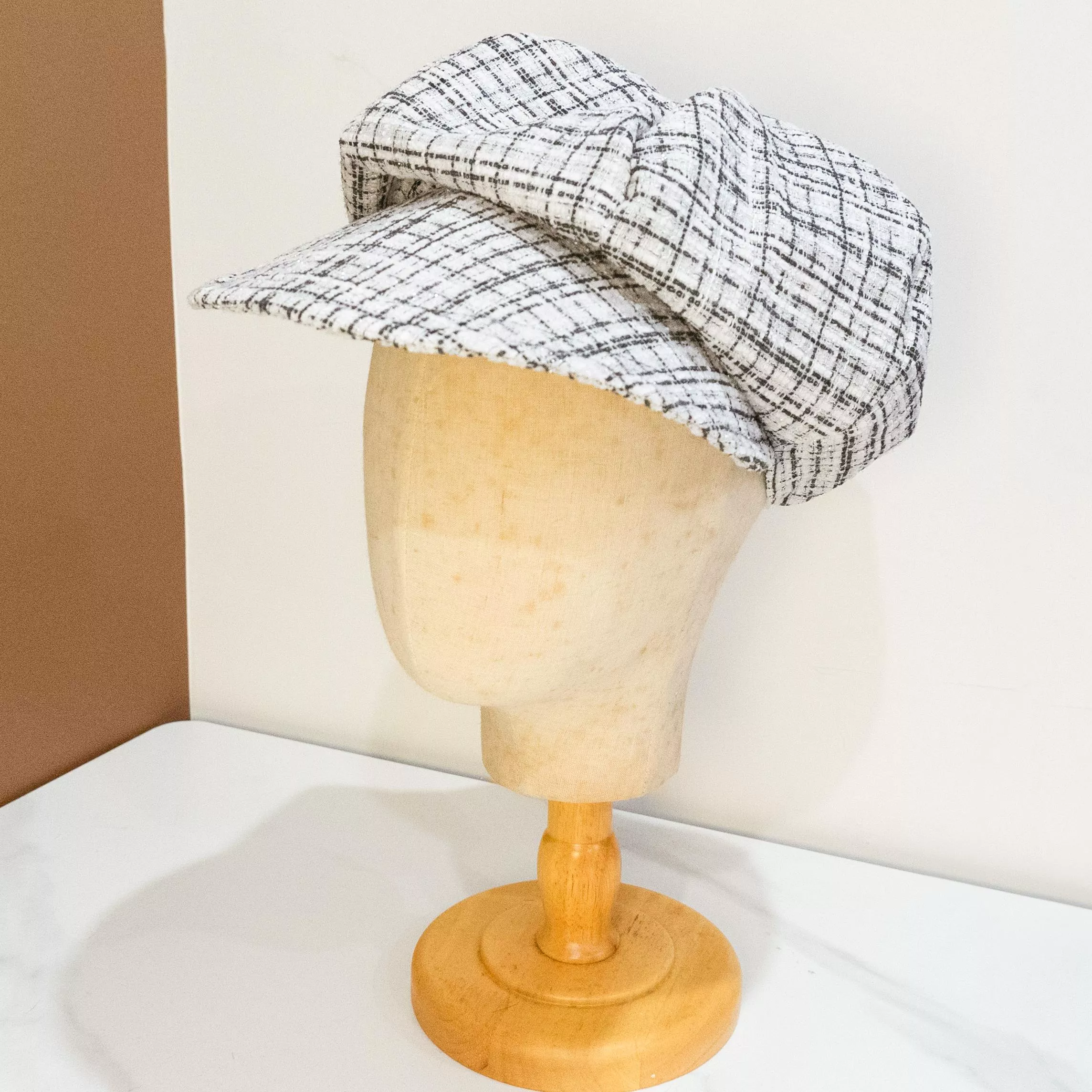 針織白線格 手作 大帽緣貝蕾帽 貝雷帽