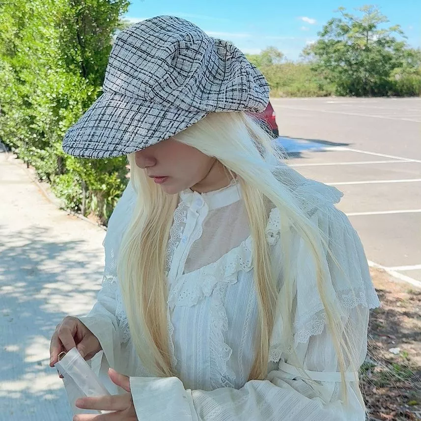 針織白線格 手作 大帽緣貝蕾帽 貝雷帽