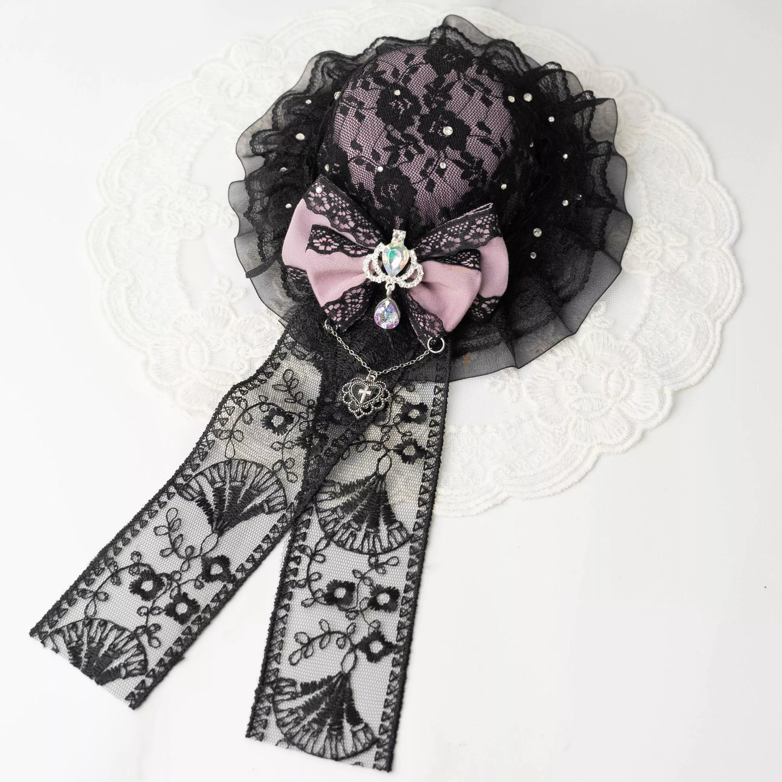 紫黑蕾絲手工貼鑽小禮帽髮夾｜黑紫粉