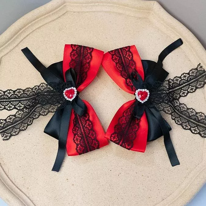 雙馬尾正位夾 愛心黑蕾（紅）｜茉紡 手作飾品