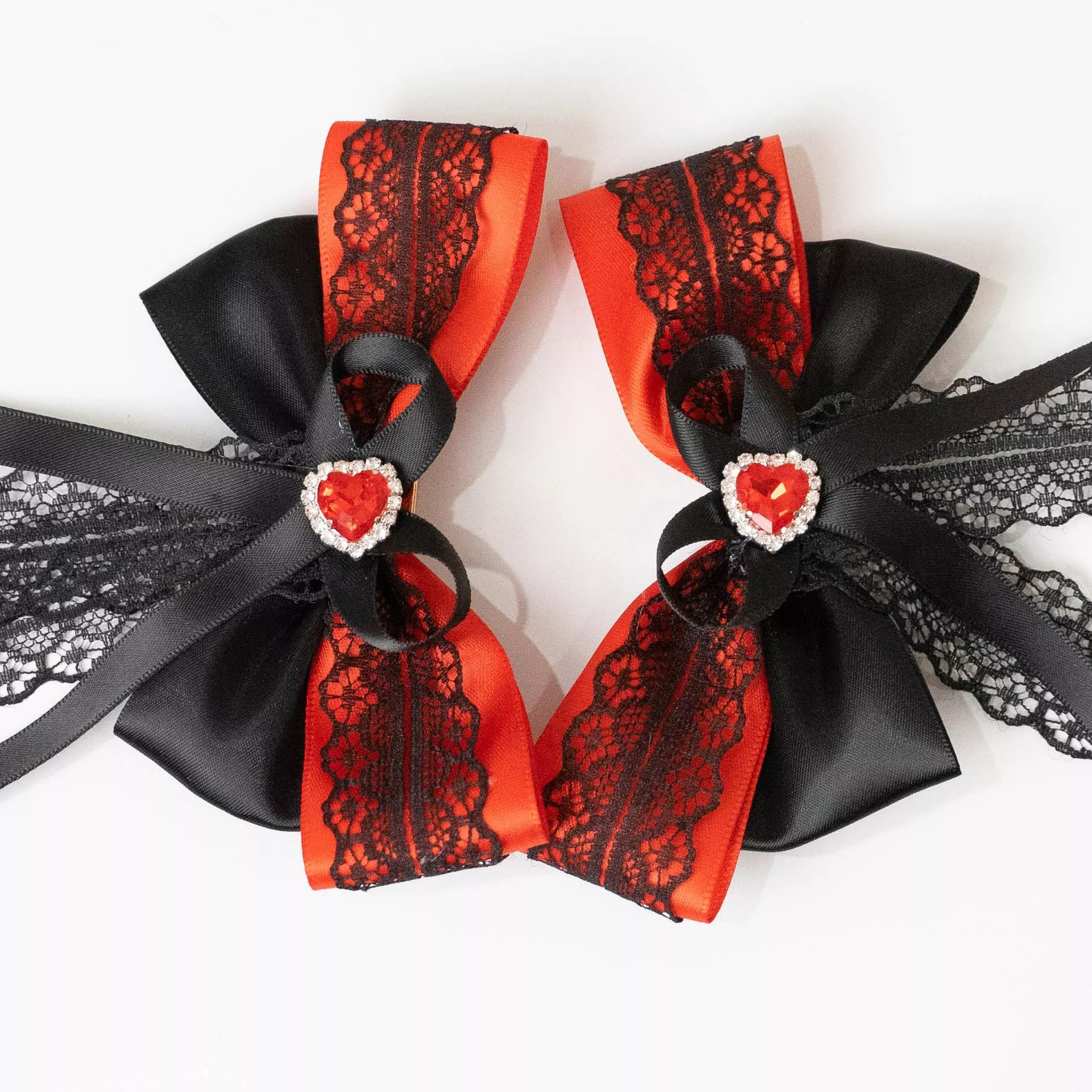 雙馬尾正位夾 愛心黑蕾飄逸款（紅）｜茉紡 手作飾品