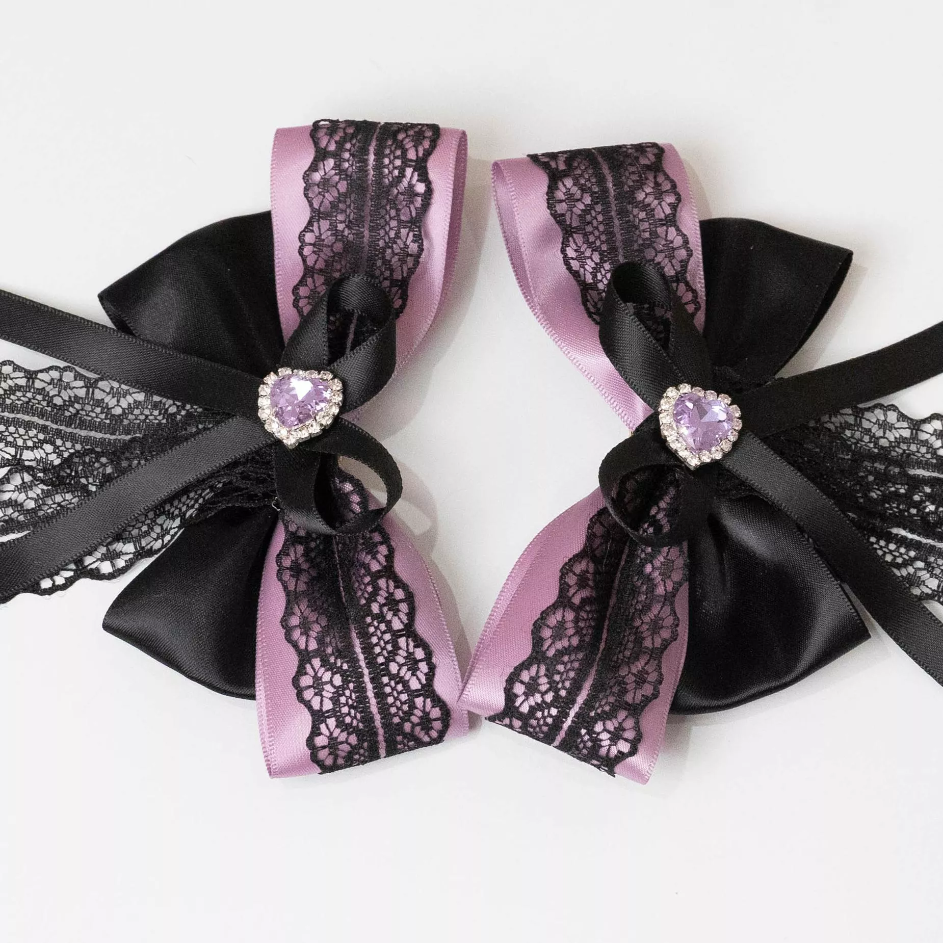 雙馬尾正位夾 愛心黑蕾飄逸款（紫）｜茉紡 手作飾品