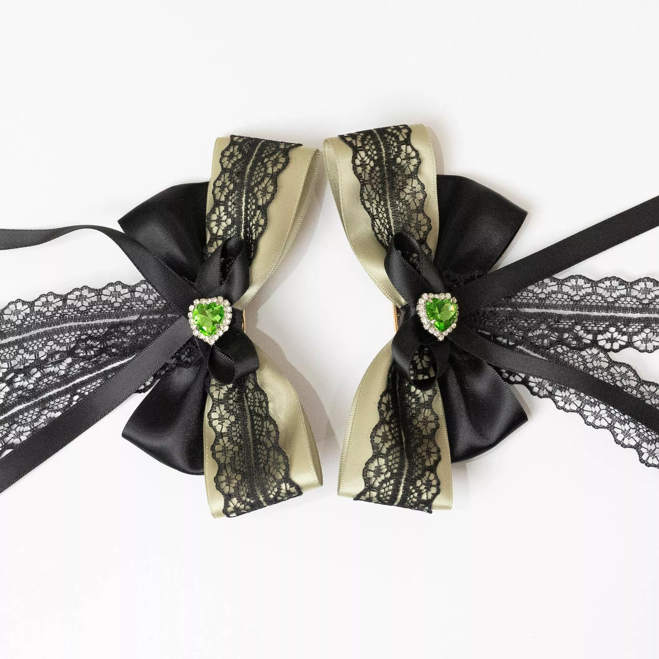 雙馬尾正位夾 愛心黑蕾飄逸款（抹茶）｜茉紡 手作飾品