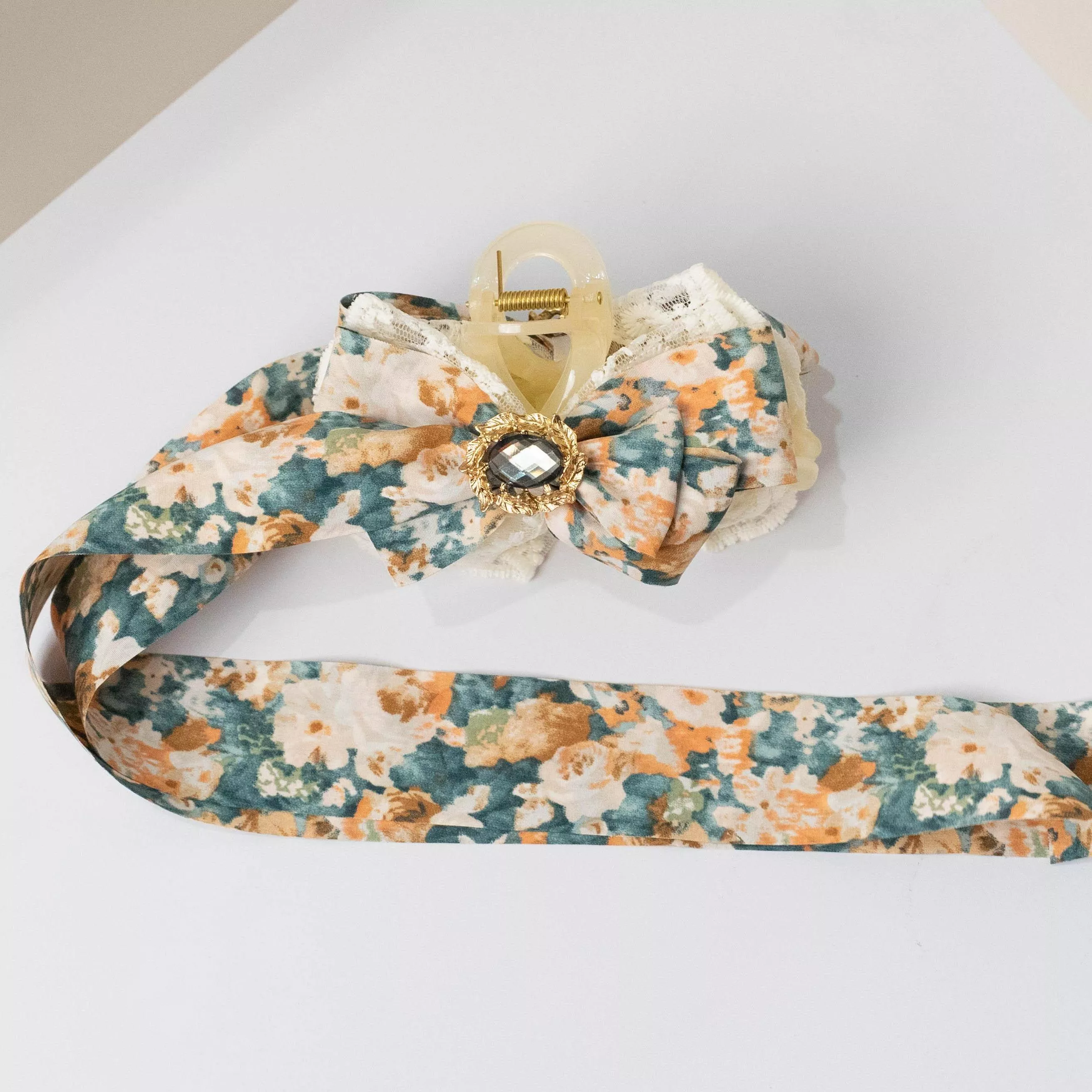 暮花織影（綠） ｜茉紡 手作 飄帶鯊魚夾