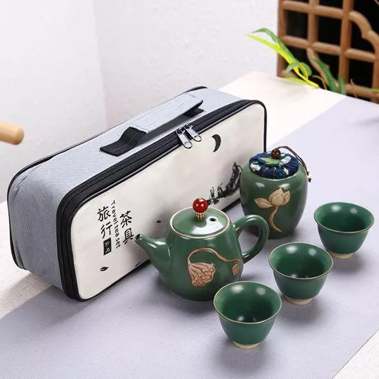 【文創藝術4】荷花吉祥旅行茶具 ( 一壼+3杯+1茶罐 )