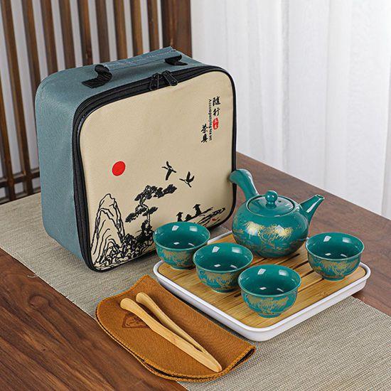 【文創藝術10】 握把壼創意功夫『竹林山水』旅行茶具 ( 1壼+4杯 )