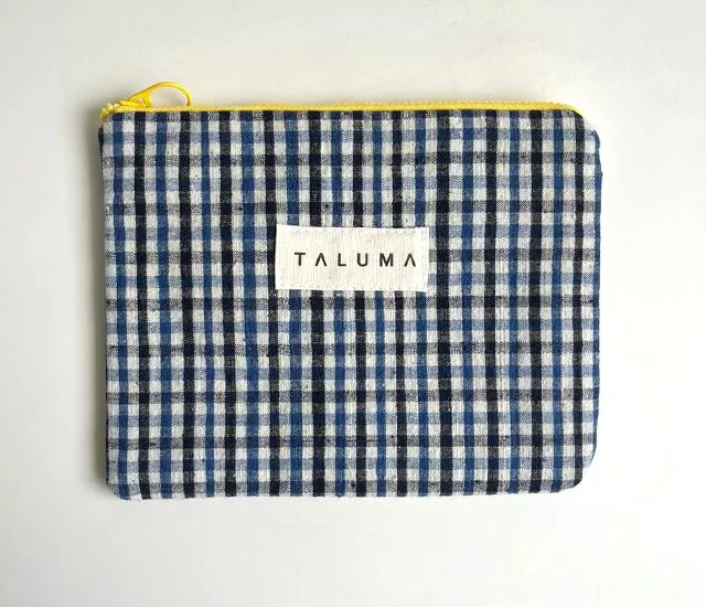 古董手織布藍色格紋｜棉布扁式拉鍊化妝包