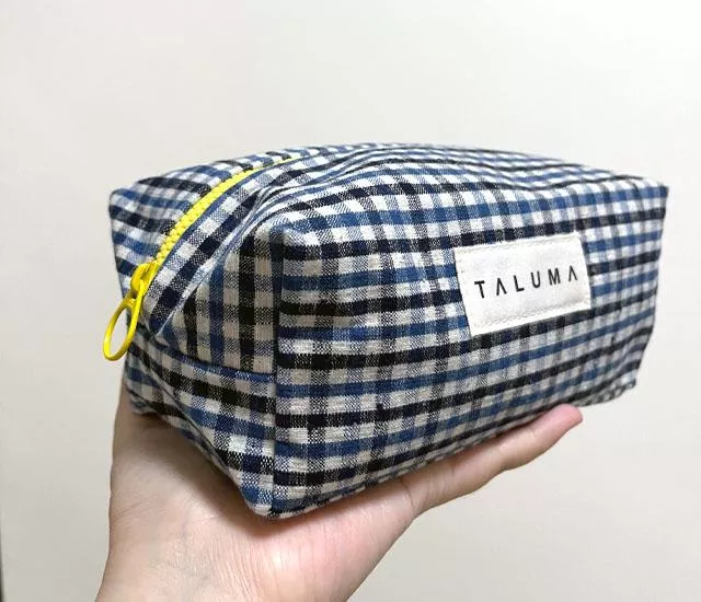 古董手織布藍色格紋｜棉布長方化妝包