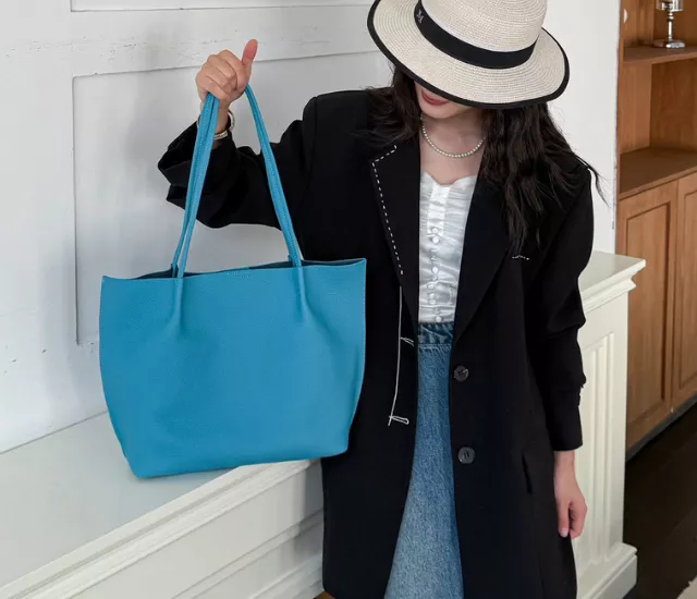 軟皮質感購物袋-藍色