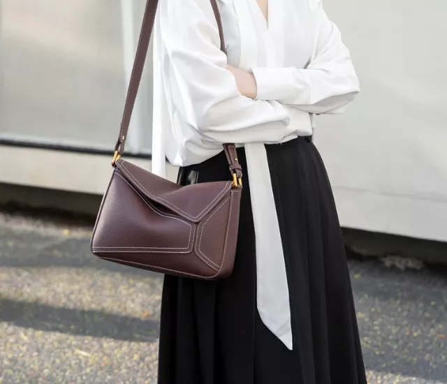 幾何拼接兩用提包-咖啡色