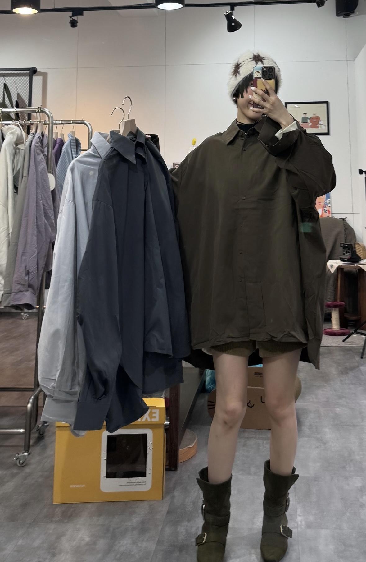 手袖側抓皺厚磅長版襯衫