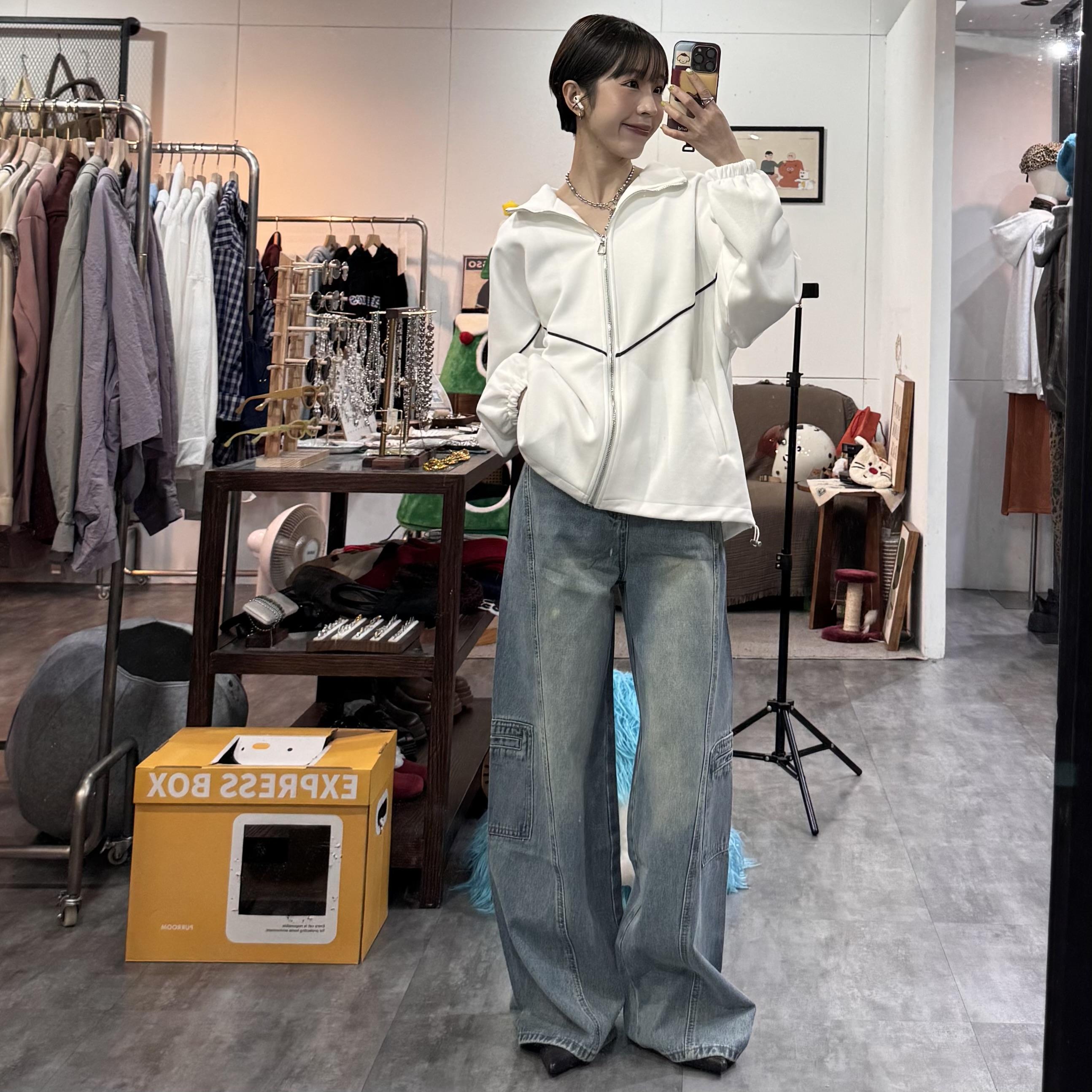 高腰牛仔口袋工裝褲